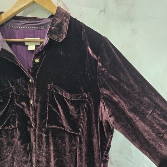 Anthropologie Shirt Womens 16 1X XL Burgundy Velvet Button Up Maeve Long Purple - Picture 11 of 12